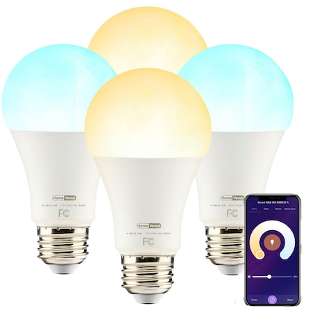 Homevenus Smart Light Bulb, 9W A19 RGB Color-Changing LED Light Bulb with Music Sync, 4-Pack SYTA2C9-01-4P